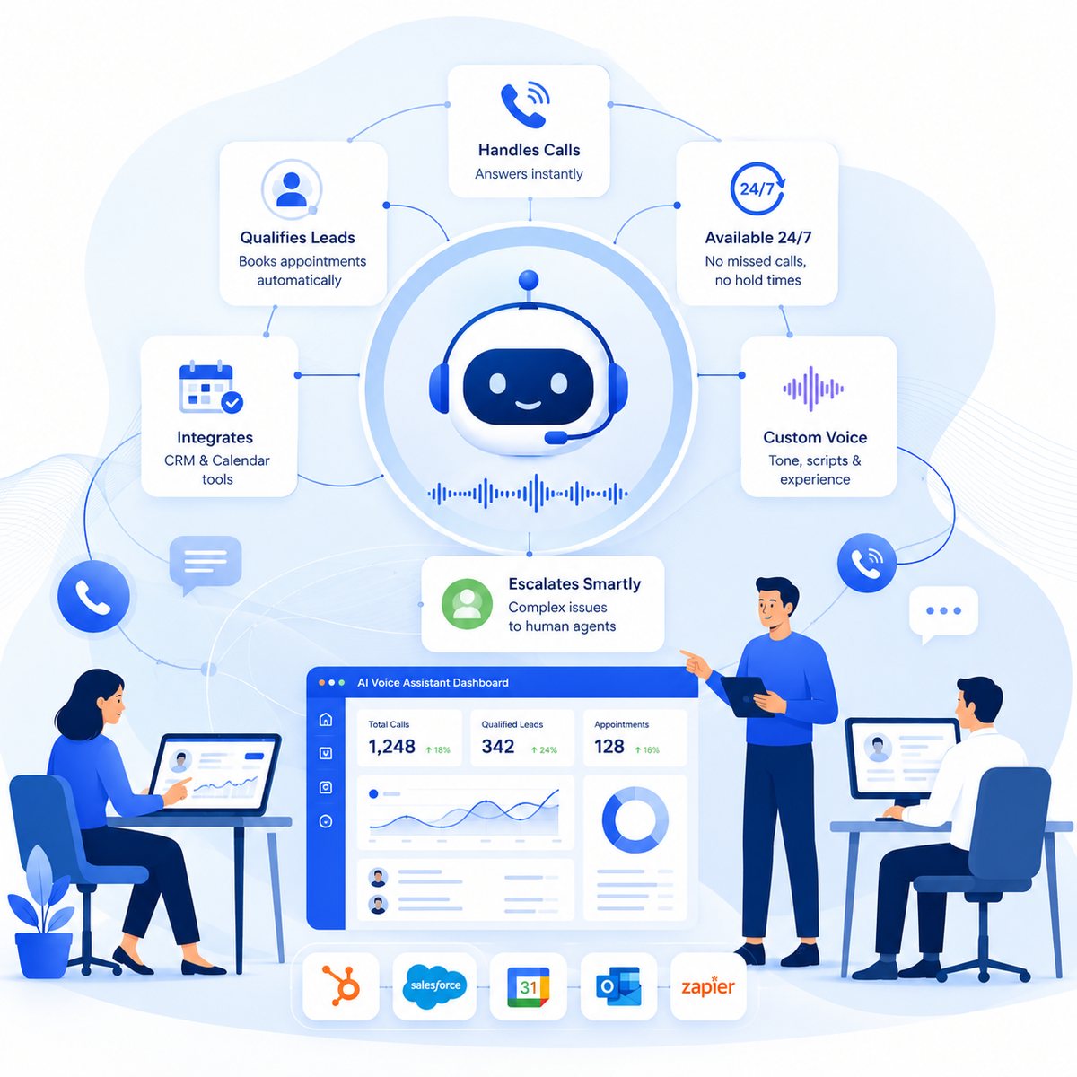 AI voice assistant dashboard showing call volume, qualified leads and appointments booked